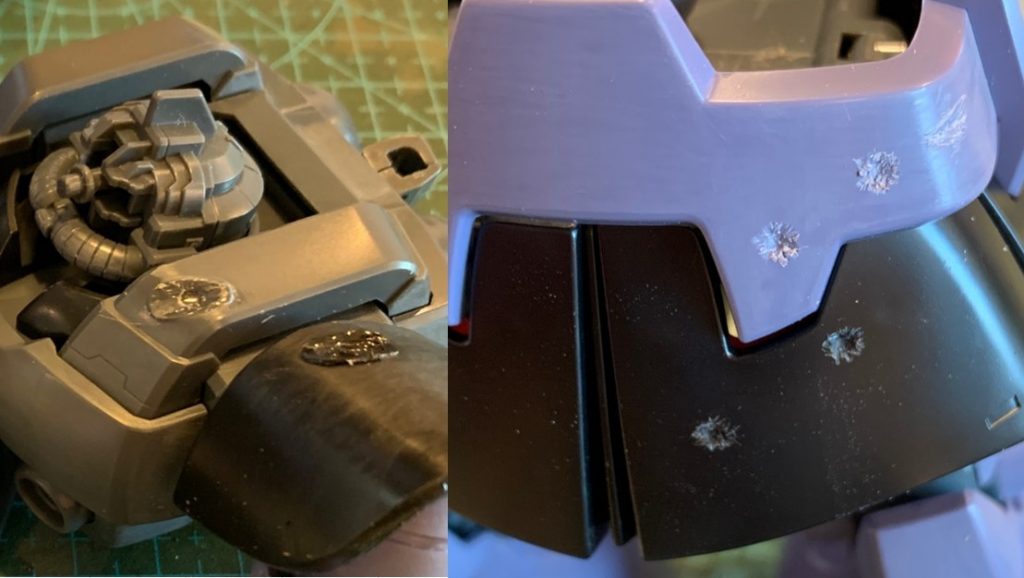 おまけその2ダメージ部の工作途中です。塗装入れるまで「うわぁやっちまったかな」といつも心配になります。ダメージ加工好きは好きなんですが、非常に緊張するのであまり派手にやる勇気はまだ無いです(苦笑)