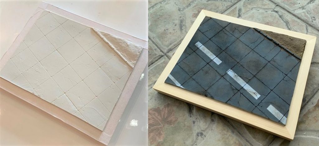 土台は出来合いの未塗装半完成品を塗っただけの手抜きです。複数色のスプレーを敢えてムラっぽく塗り重ねた後、マスキングして白線を塗り、最後にクレオスのウェザリングカラーを複数色使ってウェザリングしました。土の部分はエナメルで塗っただけなので深みが無く微妙な質感です。いずれ石コロ撒いたり草とか植えようと思います。今回初体験だったのですが、地面塗るのってかなり楽しいですね。すごい適当にやってもやればやるほど深みを増すというか、みるみる「っぽく」なっていって塗り甲斐がありました。小物含めてちゃんと一から自分で作れるよう勉強しようと思います。建物を交えた立体的なジオラマに憧れますので、色々研究しつついずれチャレンジしてみたいと思います。最後までご覧いただきありがとうございました。