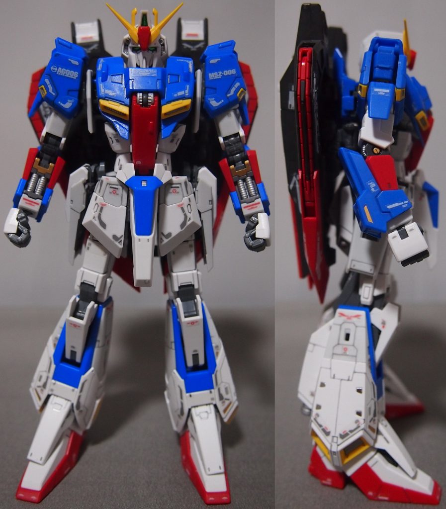 本体の前面&右側面図。RGはパーツが細かいので全塗装はしていません。部分塗装して、各部にシャープ・ペンシルでスミ入れして、デカール貼って、スーパー・クリア吹いて仕上げてあります。