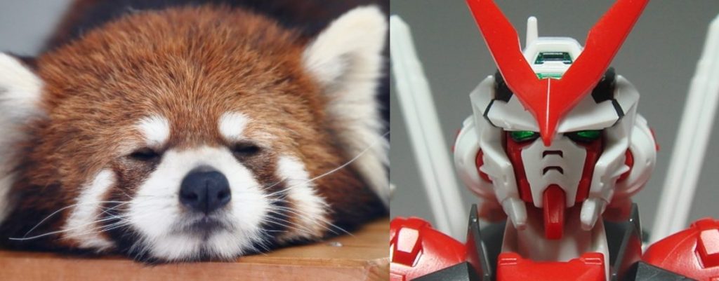 無加工だとマスクが大きいためか眠くて機嫌が悪いアライグマみたいな顔に見えます（私だけ？）。パッケージの顔ともずいぶん印象が違うので、おそらくスリットを開口するための強度確保にマスクが大きくなっているのでしょう。赤い隈取が見えるように少し削るだけでずいぶんと印象が変わります。↓↓↓↓