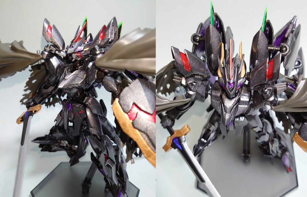 ・頭部今回、一番こだわって作った頭部です。ロードアストレイダブルリベイクをベースにガンダムバエルのフェイス部分、バルバトスルプスレクスとハイドラガンダムの角を合わせて制作しています。僕が紫で一番好きなスピリットは騎士の覇王ソーディアス・アーサーなのですが・・ソーディアス・アーサー自体はモノアイ、ソーディアス・ドラグーン等の派生カードはツインアイとなっていて、そのどちらの要素も欲しいと思ってこの形にしました。そのため、横から見るとツインアイ、上から見るとモノアイになるようになっていて、新旧ソーディアスの要素を込められたんじゃないかなと思っています。