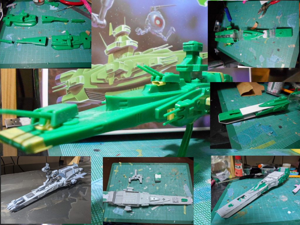 船体は三分割した後にプラバンで延長。後部船体は幅を2cmほど広げています。ここまでやったのは初めてですがとても良い勉強になりました。旧キット最高!!