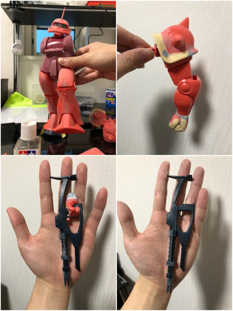 首の角度調整、足を3ミリ幅詰め、ショルダースパイクと拳をパテにて造形、ポージングを決めた時に銃身が長すぎる気がしたので短縮。