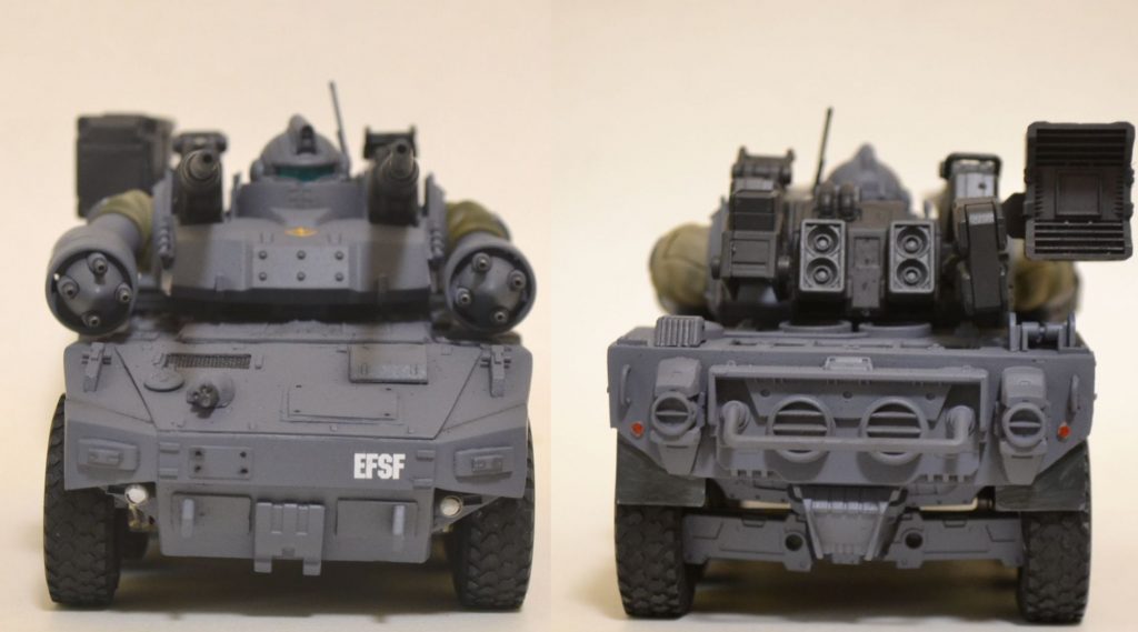 前と後ろから。砲塔の後ろはゲルググのバックパックに変更しました。コトブキヤのミサイルポッドもつけてます。後ろは元キットのパーツと30MMのオプションパーツでディテールを追加しています。