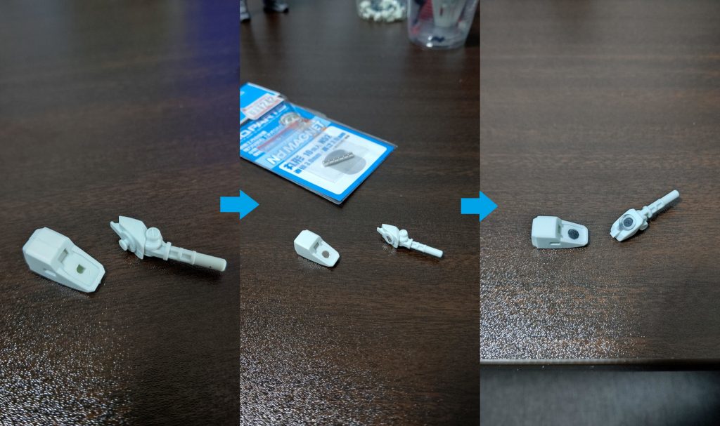 前腕に合わせ目がガッツリできるんですが表情付け用の関節軸があるため後ハメ加工が困難。なのでネオジム磁石を埋めてみました。初めてでしたが何とか上手くできました。