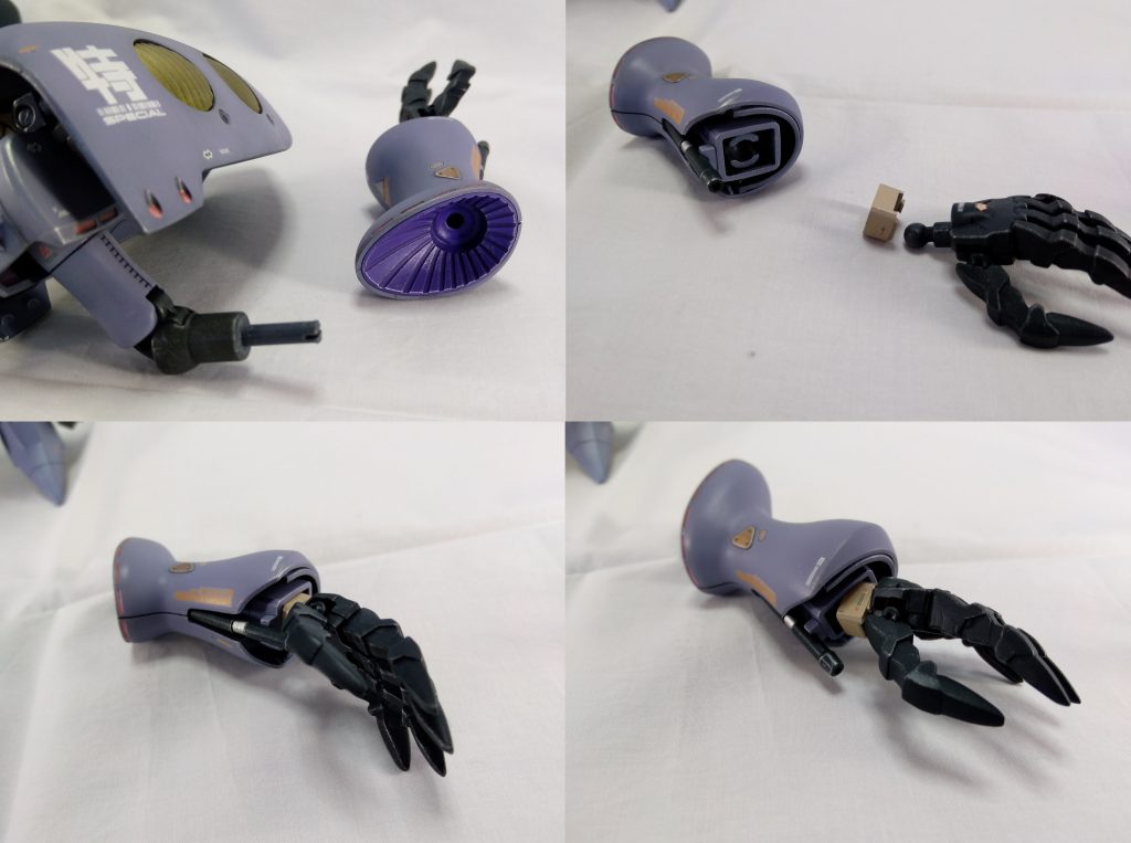 腕部も地味な加工を。足首を盛って脚全体が長くなってしまったので、バランスを取るために腕部も伸ばしました。伸ばしたというか肘の接続部分を上の方にズラしただけ。あとは手首を角度付けるようにアムアムを適当にガッチャンコ、アムアムが露出してるのもダサかったので適当なパーツを加工してアムアムを隠しました。