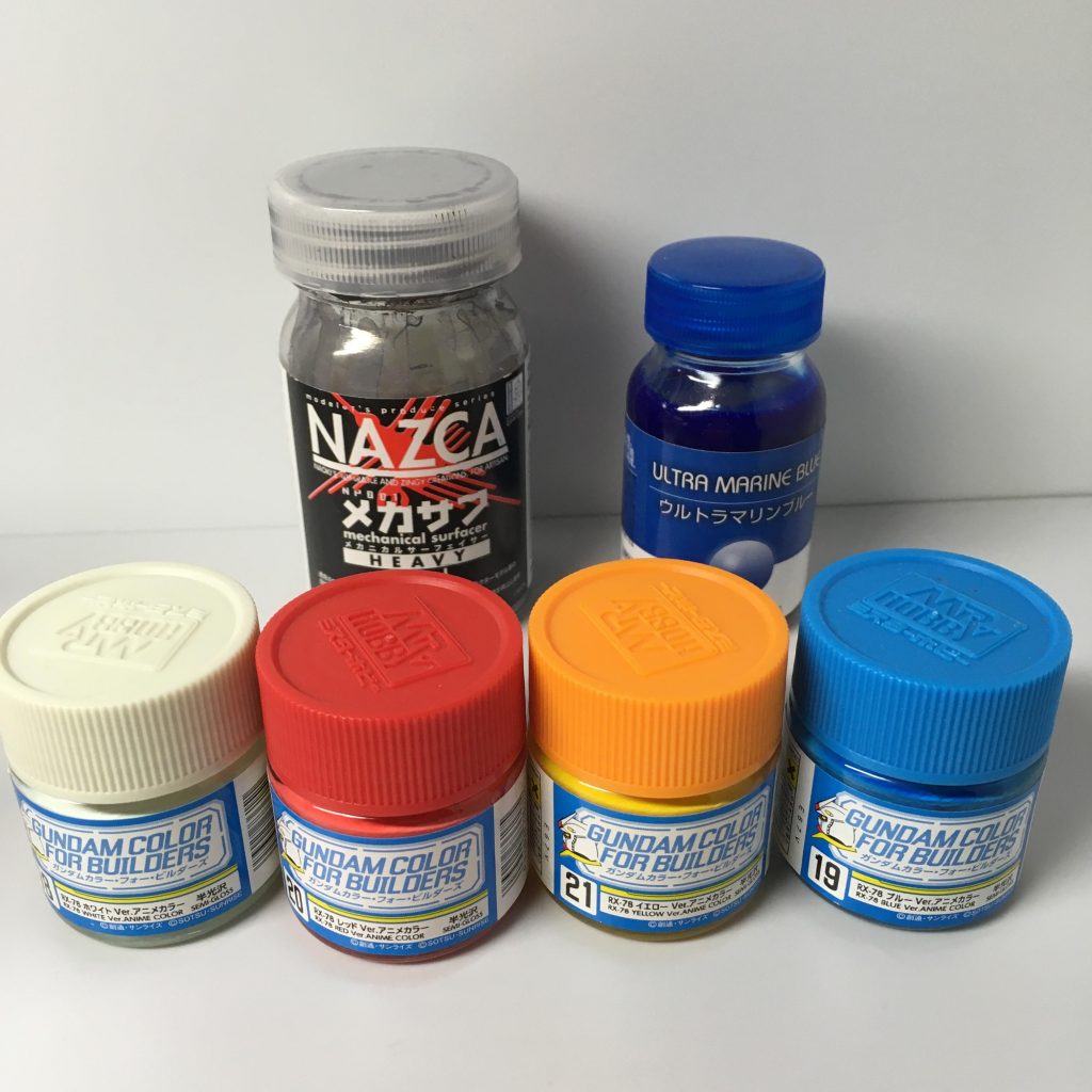 使用した塗料です(下地で白サフ使いましたが撮り忘れました)ブルーはそのままだとちょっと明るかったのでウルトラマリンブルーちょこっと混ぜました