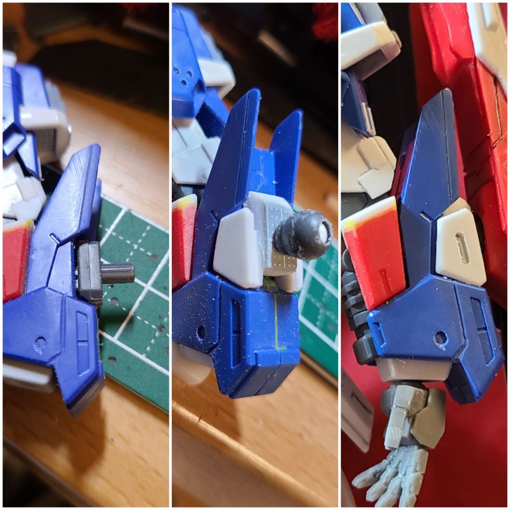 シールド接続パーツ基部がぐらついていたので、プラ板でぐらつかないパーツを制作しました。右腕もハードポイント隠しのために追加武器的なものを作ってマウントさせています。