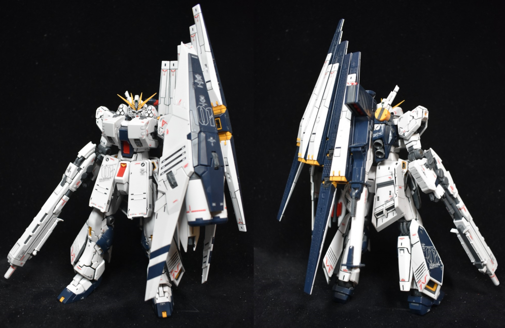 正面と背面　HWSは本体に接着して脱着不可腰のアーマーがマーキングシールがほぼなく寂しかったので本体の腰アーマー用のものをいくつか移植しています腰の追加装甲が外れやすいのと胸アーマーの中央の板が折れやすいのが気になったかなこれから作る人は要注意