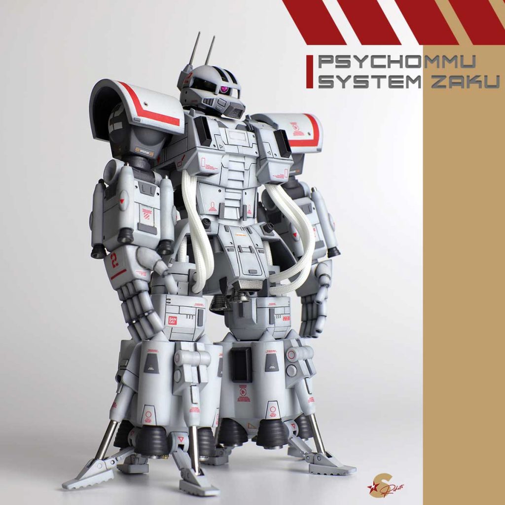 パネルラインはキットのものを生かして最小限追加。脚部シリンダーはメッキシルバーNEXTで質感を与えました。バーニアは2重構造化。リアルな質感を重視。頭部モノアイは光を拾うようにサードパーティーパーツに変更。2軸化により上、左右に可動