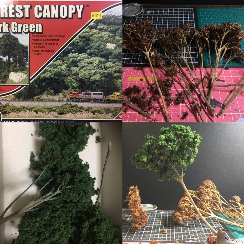 木の作成はドイツ?だっけな?セットで売っている物から使いました。そのままでも十分使えるのですが質感がリアルすぎて浮いてしまうので木を塗装してその上から2色のコースターフを使い自然になるようにしてあります。