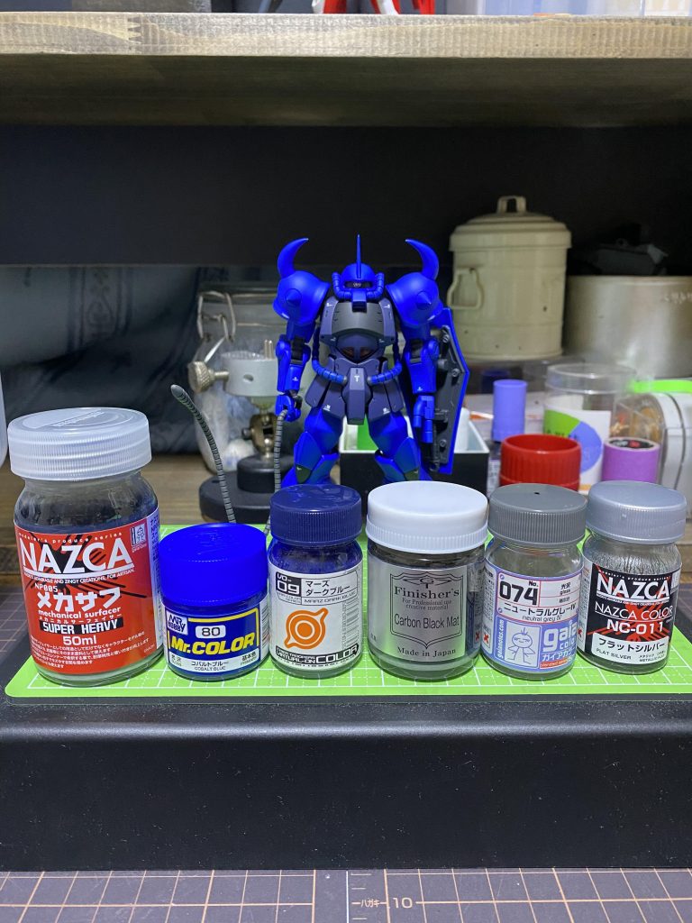 塗料です。グフのブルーはガンキャノンと並べた時を意識して濃いめのブルーを選びました。ご覧いただきありがとうございました( •̀ᴗ•́ )/