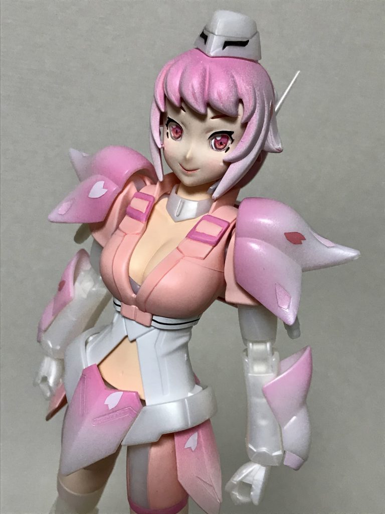 本体完成の図。装甲類にもグラデーションをかけました(缶スプレー)。随所の桜の花びらは、使わなかったシールからナイフで切り出して作りました。