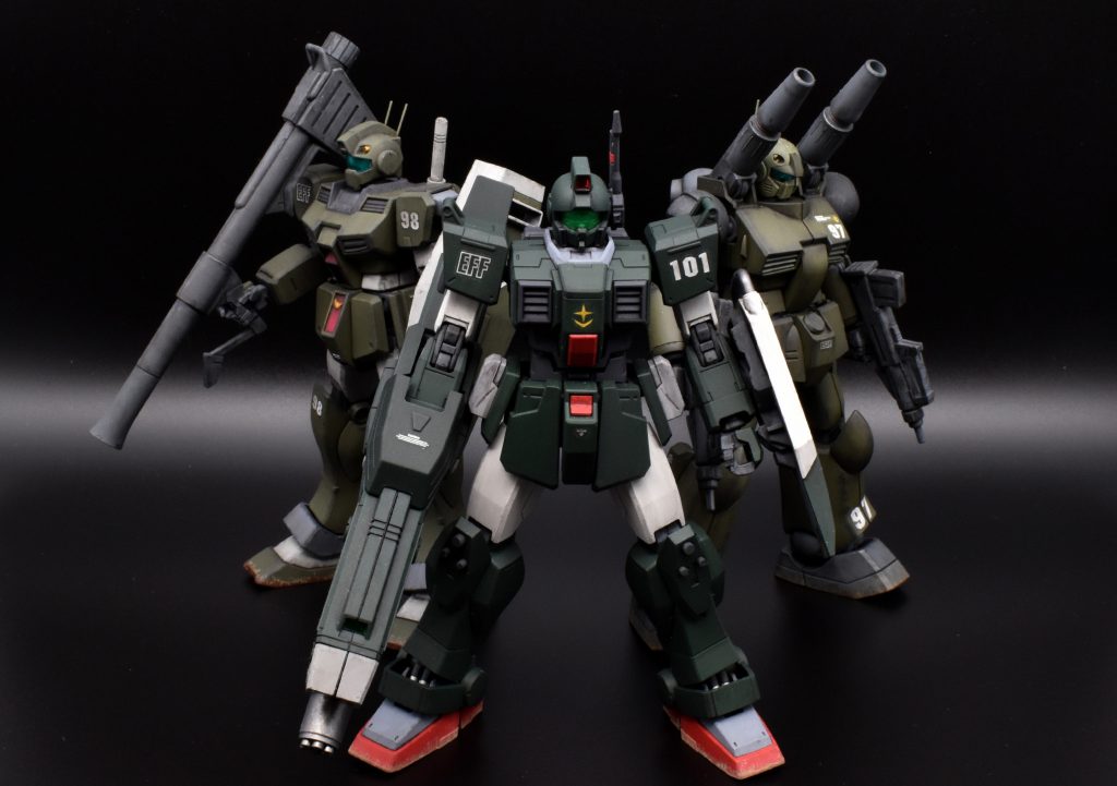 熱帯地域で活動する小隊のイメージ。陸戦型ジムは改装したばかりの設定なのでウェザリングは抑え目です。