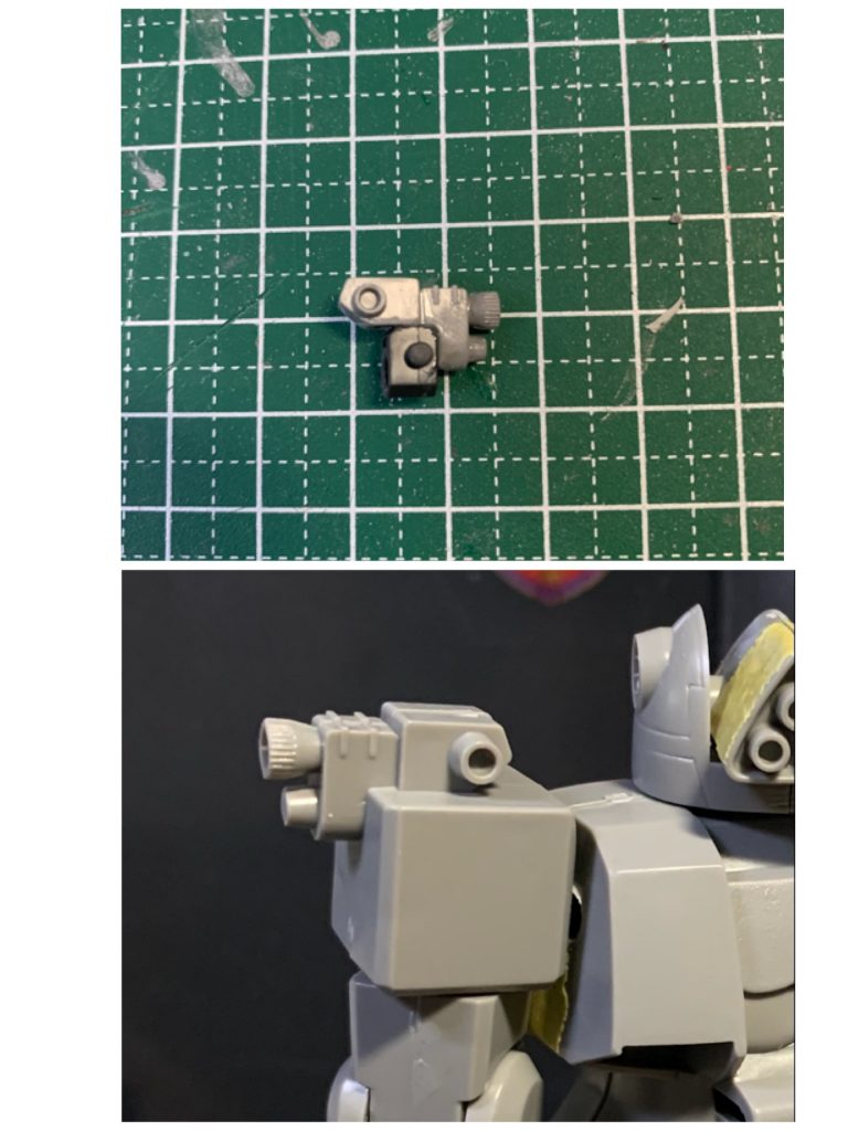 肩部カメラユニットフリッパーキットの肩からカットしてザクの肩シールド用ジョイントにそのまま貼り付けています。リバイブザクには肩シールド取り付け用のパーツが2つ入っているため、綺麗に両肩付けることができました。