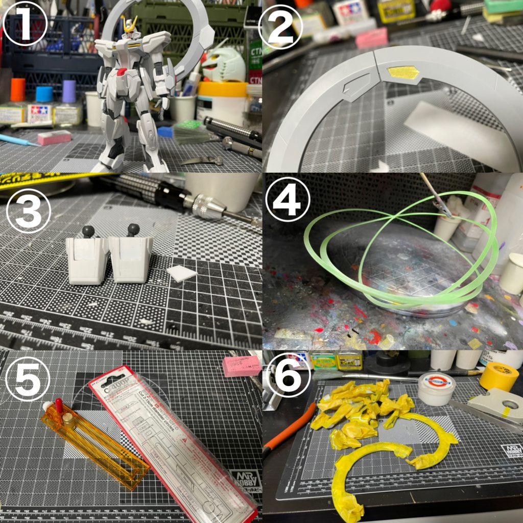 ①大体塗装前。腰を2ミリ延長、股関節も2ミリ延長しました。どちらもプラ板貼って形合わせてます。②プラ板ディテールを作る際に既存のディテールをマステでコピーしましたヴォワチュールリュミエールに付いてるのがそう。③肩に埋め込みディテール作りました。形状の当たりをタガネ使って付けてたらタガネがお亡くなりになりました。④エフェクト。ホワイト軽く吹いて蛍光イエローグリーンで色付けてます。粒子感みたいなのが欲しくて240番のヤスリかけっぱなしで雑にホワイト吹いてます。⑤の円切りカッターで一個の円をサイズ小さくして3個に切り出してます。ホームセンターで300円位で購入。めちゃくちゃ使いやすいです。⑥発光部マスキングで塗り分けました。今回この表現だけ狙った感じになったのでまだ救いがありました。とても大したことないんですけどクリアイエローのキャンディ塗装にクレオスのクリスタルカラー、ターコイズグリーンを吹いただけのもの。下地段階の黒サフからシルバーを塗る際に黒を残し気味に、黒い部分にターコイズグリーン吹くとこんな感じになります。ざっくりこんな感じ。