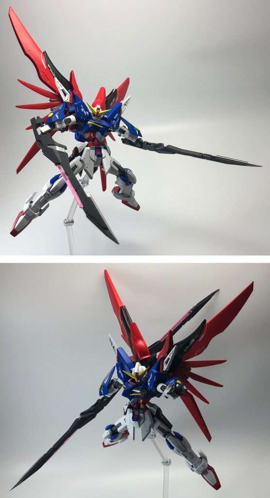 <武装1>対艦刀/バスターソード背部のウエポンラックには二本の対艦刀を装備しています。本家デスティニーは対艦刀とビーム砲の組み合わせでしたが、本作ではソードインパルスのイメージも取り入れ、刀二本装備に変更しました。ソード下部には接続ギミックを追加し、ソードインパルスのように対艦刀二本を連結することができます。