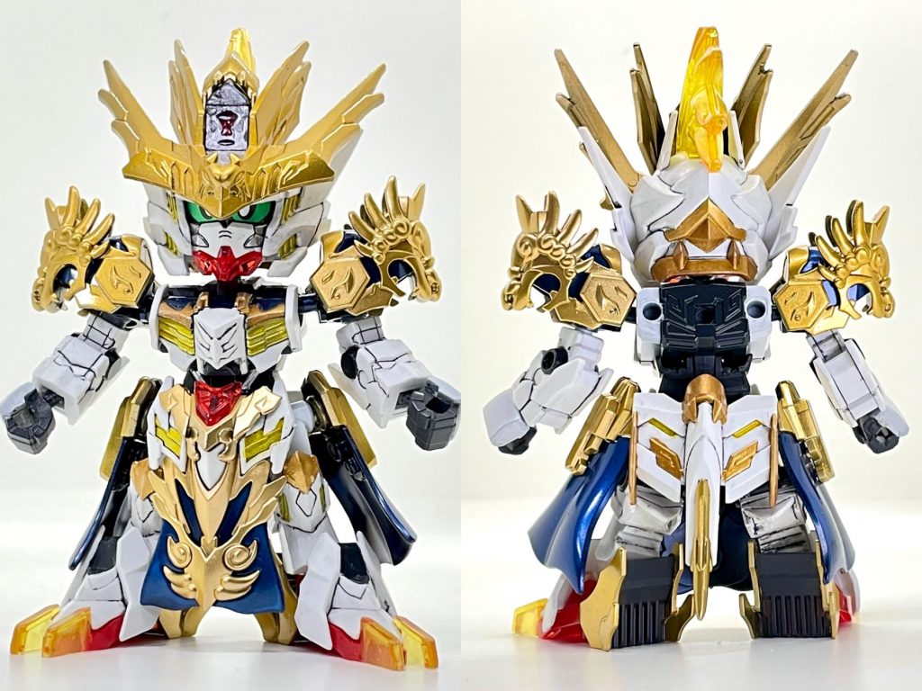 一部の肉抜き穴埋め以外、特に加工せず塗装して仕上げました。今回も塗装は主に水性ホビーカラーを使用しています。細かいゴールドの塗り分け箇所のみ、シタデルカラーを使用しました。使用カラー金1: 黒→ゴールドH9→クリアイエローH91+クリアオレンジH92金2: シタデルカラーリトリビューターアーマー（筆塗り）白: グランプリホワイトH21 （一部下地にホワイトサーフェイサー）青: 雲母堂本舗CCパールブルー（成形色の黒を下地）グレー: ダークグレーH32+ニュートラルグレーH53赤: アクリジョン モンザレッドN86細部黄: シルバー→アクションクリアイエローN91（筆塗り）クリアイエローパーツ: 雲母堂本舗CCパールオレンジ、先端にクリアオレンジH92顔のグレー等: ガンダムマーカーヘビーガンメタリックXGM05（Hは水性ホビーカラー、Nはアクリジョンの色番号です）パールは水性ホビーカラーの光沢クリアに溶いて使用してます。スミ入れはMr. ウェザリングカラーマルチブラックとコピックモデラー0.02ブラックを使用。