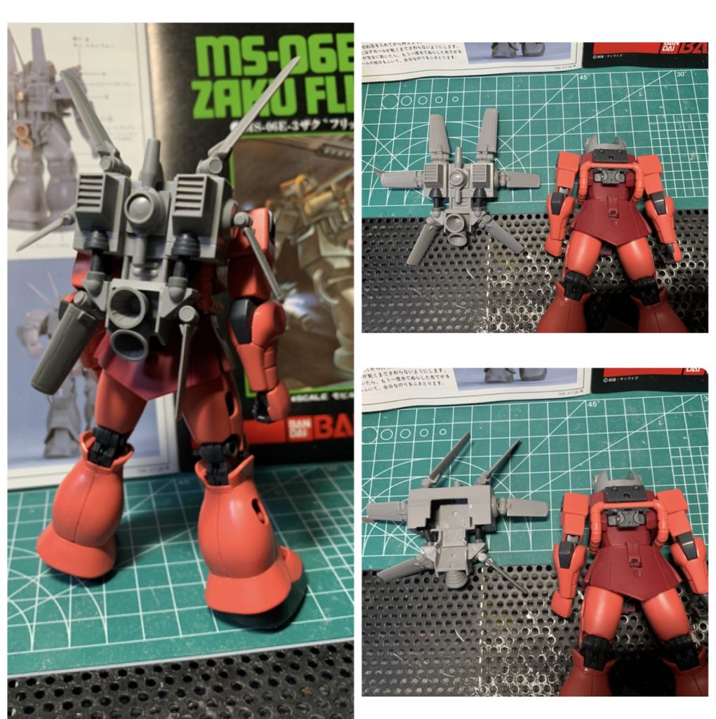 バックパックリバイブシャアザクのバックパックのジョイントが独特の物だったので、どうやって取り付けする様にするか悩んだ結果、元々のバックパックパーツに引っ掛けるように後ハメできるように加工しました。これにより先述の宇宙用スラスターにも換装できるようになりました。