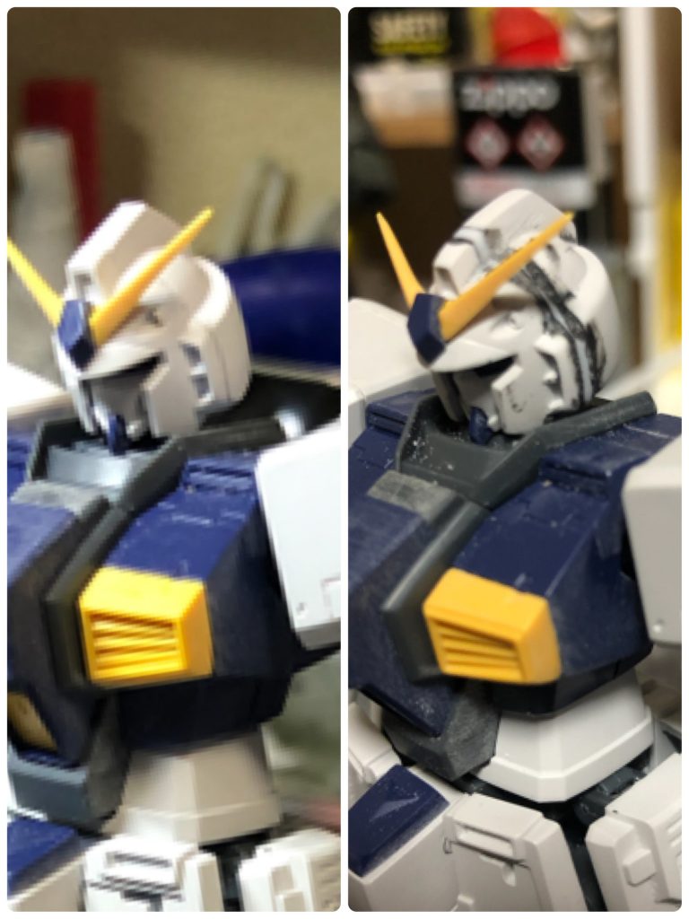 左が素組み、右がプラ板で延長後です。ゲームのジオニックフロントのラスボス機なので目つき悪くしたくて色々貪りましたw