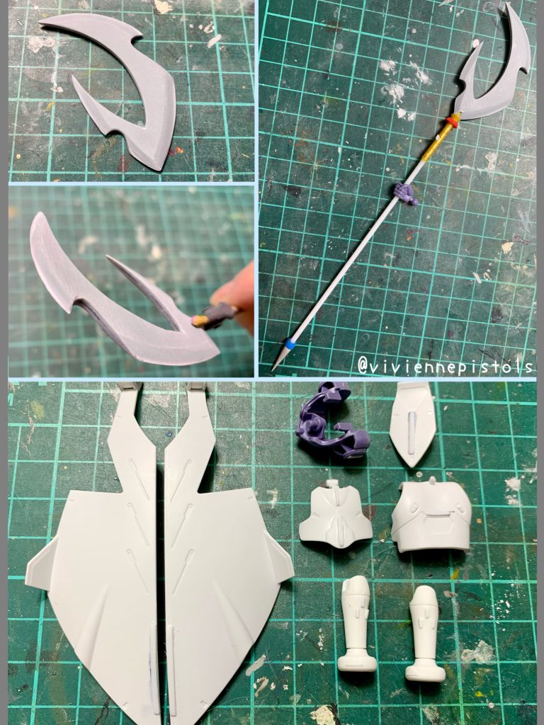 持たせました武器は、別キットのパーツを一部使用し、プラ板とプラ棒で制作致しました。その他箇所も、プラ板で追加のディテールアップをしています。