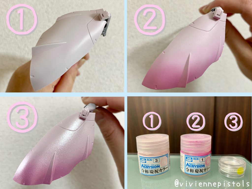 上の武器の塗装以外は、今回エアブラシを使用しています。以前から使ってみたかったアクリジョンの令和カラーを使用しました。アクリジョンの希釈の割合が難しく詰まりが起きたり、ベランダでの塗装なので埃が付着する等が起き苦戦致しました。でも、2回目となるグラデーションの塗装でしたが、上手く表現する事が出来たのではないのかなと思います。