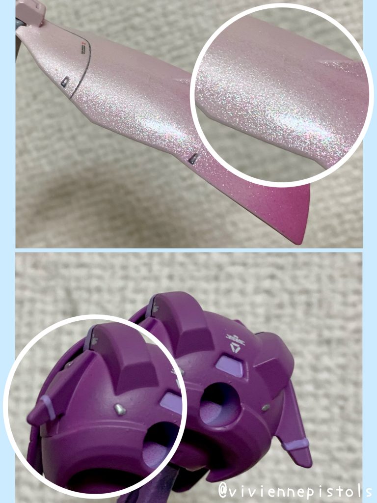 メリハリやパウダーの良さを出す為にパウダーを吹いたフレームは艶ありのトップコートをし、その他のパーツはつや消しのトップコートにしています。