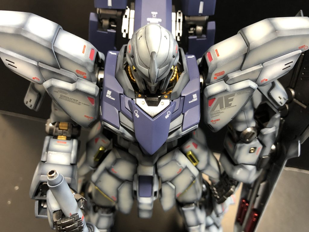 正面上から。グラデーションは3種類使いました。黒立ち上げのニュートラルグレー3、4をベースにして上に乗せるホワイトを変えています。かなりパーツも多く大変でしたが自分でも満足出来る塗装が出来ました😁