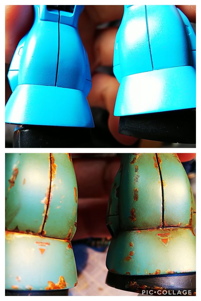 全塗装後、ウォッシングしてハゲチョロを部分的に加えていたら…「もう少し、もう少し」と夢中になって目の前が見えなくなってしまい、気がついたら銀の塗装剥げだらけになってしまったので、この際だからと錆び表現を施すことにしました。