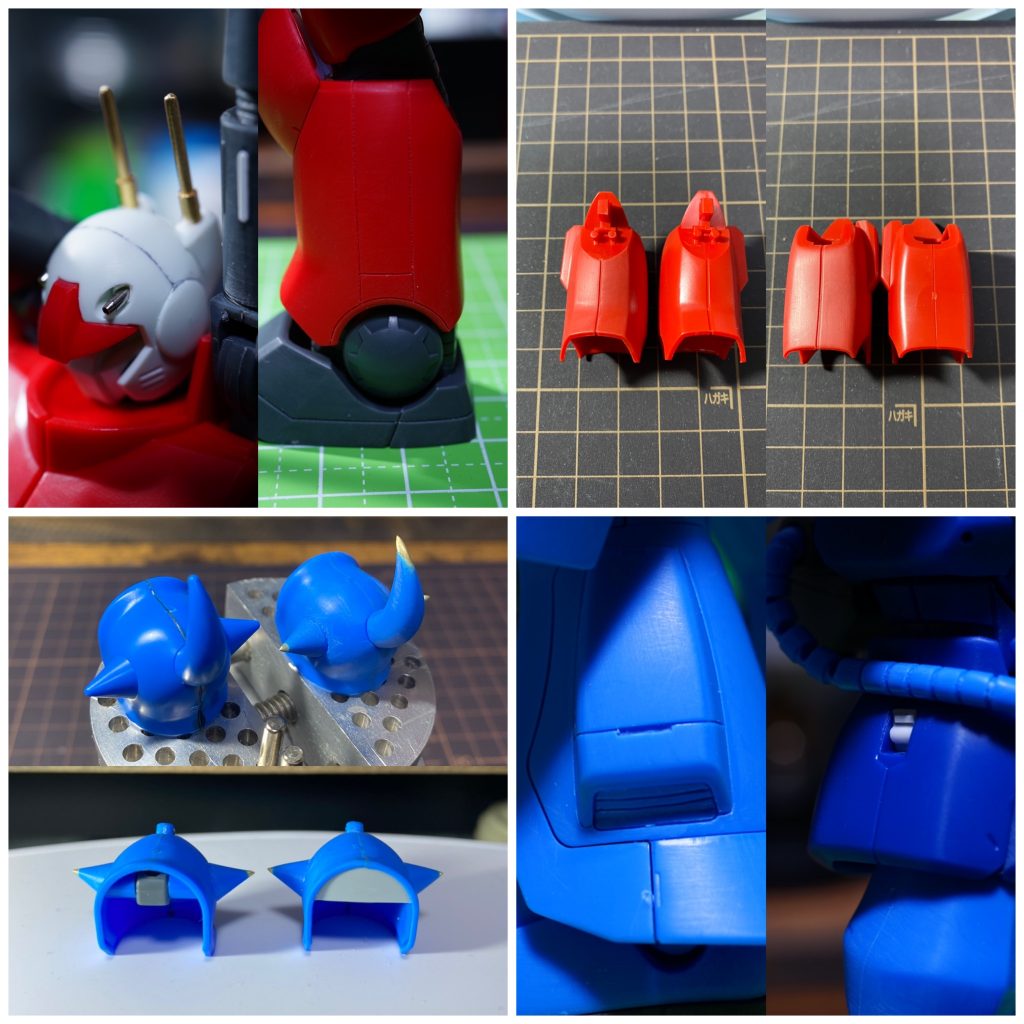 主な工作。ガンキャノンは頭部アンテナを真鍮線に、バルカンはメタルパーツに置き換えてディテールアップ。脚部のパネルラインの追加、段落ちモールドの追加をしました。グフは肩アーマーのスパイクを真鍮線でシャープにし、裏から見えないようにプラ板で蓋をして塗り分けを行いました。脚部のダクト部分にもラインを追加、各所接続穴は使わなかったのでプラ板やディテールアップパーツで蓋をし、モールドにしました。