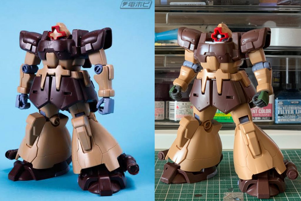 最後に素組みとの比較です。写真を撮るのを忘れていたので電ホビさんから拝借いたしました。https://hobby.dengeki.com/reviews/187150/amp/各部の関節位置の違いが分かりやすいかと思います。以上、ドムトローペン現地改修機[神風]でした。