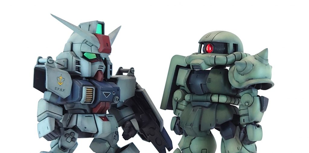 ザクと並べて。昔のプラモの箱絵のイメージです。 