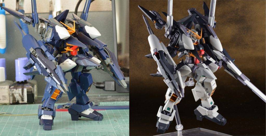 素組みとの比較各部の改修によりかなり印象が変化していると思います。カラーレシピ(G)＝ガイアカラー　(C)＝クレオスホワイト：(G)ニュートラルグレー1ダークブルー：(G)マーズダークブルー+(G)ミッドナイトブルー+(G)EXブラックイエロー：(G)黄橙色+(C)キアライエロー+(C)タン+(G)純色マゼンタレッド：(G)ピンクサフ → (G)純色マゼンタ+(G)プレミアムレッドグレー：(G)ニュートラルグレー3+(G)純色マゼンタ+(C)色ノ源シアンセンサー(緑)：(C)GXメタルグリーンホワイト、ダークブルー、イエロー、レッドはAGパールでオーバーコート仕上げに(C)スーパースムースクリアーつや消しをオーバーコート