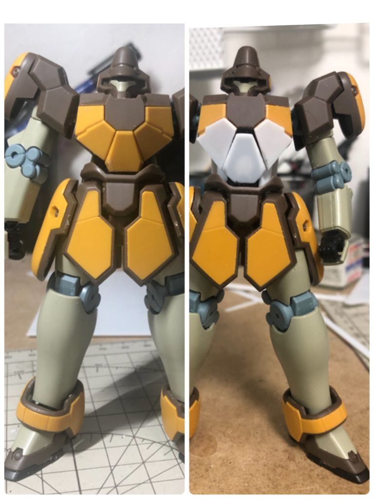 コクピットを追加する関係で胴体ブロックを丸々新造。胴長になってしまったので脚、首も延長しました。左が延長前、右が後です。