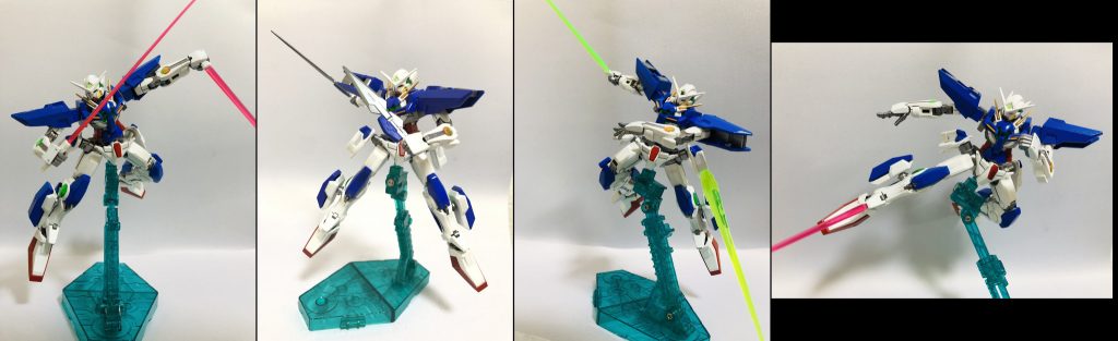 GNビームサーベル(x2)エクシアが装備する標準的なビームサーベル。GNダガー(x2)エクシアが装備する小型の実体剣。GNビームサーベルと入れ替えて装備される。GNハイパービームソード(x2)ガンダムDXに由来する大出力型のビームサーベル。腰部にマウントしたまま使用することができる。鍔迫り合いからのカウンター攻撃に多用される。脚部GNビームダガー(x2)脚部アンクルアーマーの先端に備え付けられた小型のビームサーベル。膝蹴りの姿勢から直接敵機のコックピットを貫いたり、蹴り技のリーチを突然延長したりと、奇襲性に秀でた装備。トランザムシステム高濃度圧縮粒子を解放し、機体性能をブーストするシステム。任意に発動可能で、支援機からの粒子補給を当て込んで多用される。UVライトで赤色に発光する特殊な塗料を使用している。https://twitter.com/twostarsmco/status/1257881862317281285