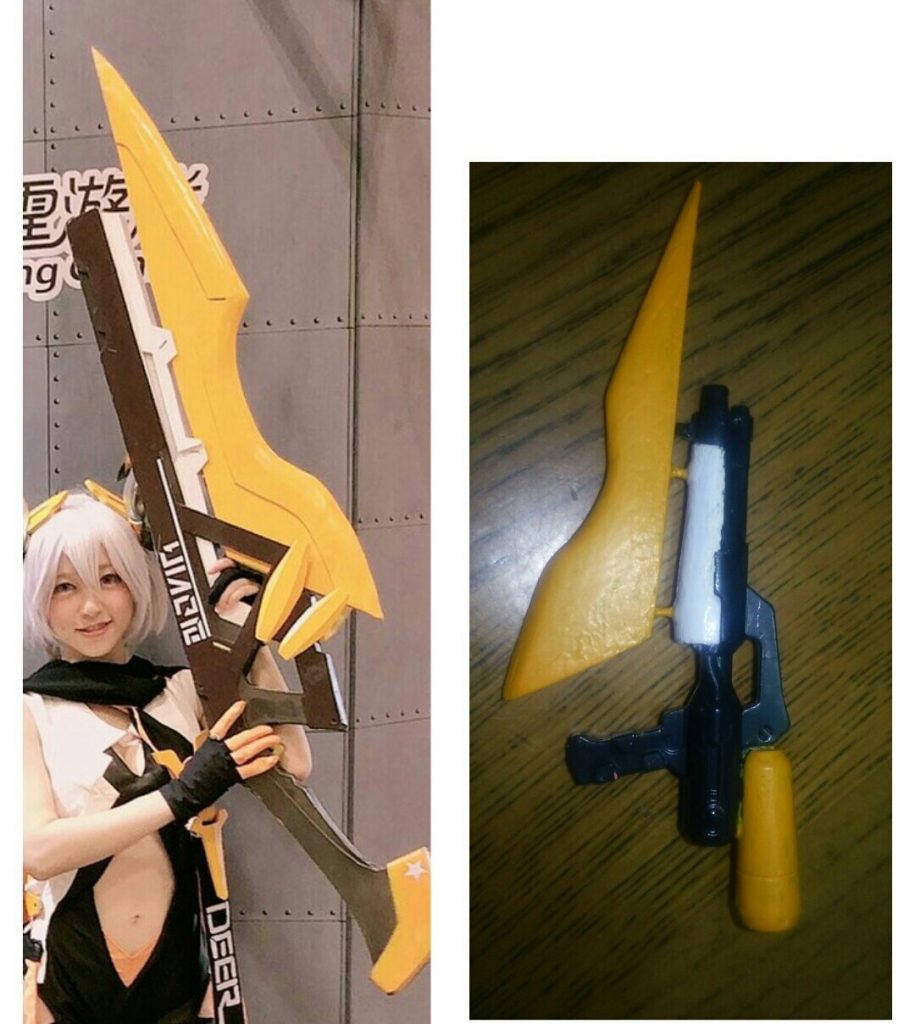 対比してみました。この画像の左側の方が、ロガちゃんにコスプレしている花木みなとさんです。この武器を一から作る技術は無いので横着しました。そのような技術を身に付けたいです。(みなとさんにこの画像の使用許可はいただいています)