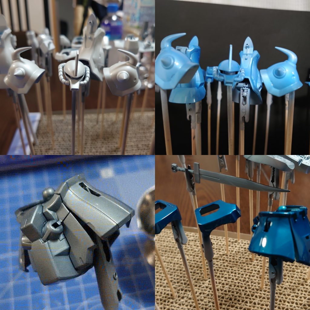 グフカスタムの塗装工程。白または黒の上にMGパール入りのクリアーで下地をつくり、それぞれクリアーブルーとクリアーを何色か混ぜたもので上塗りしました