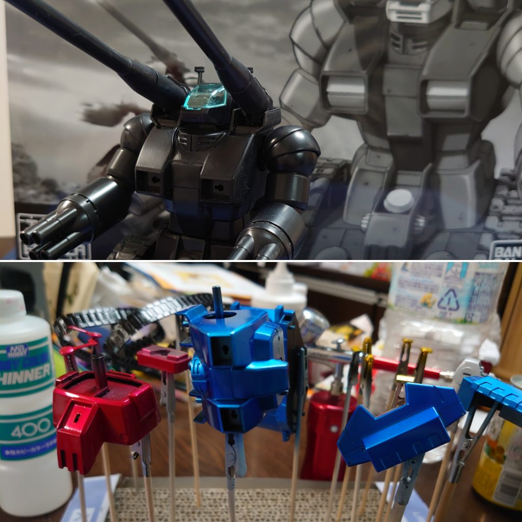 ガンタンクはエコプラの黒をベースにシルバーで下地をつくってクリアーを各色上塗りしました。