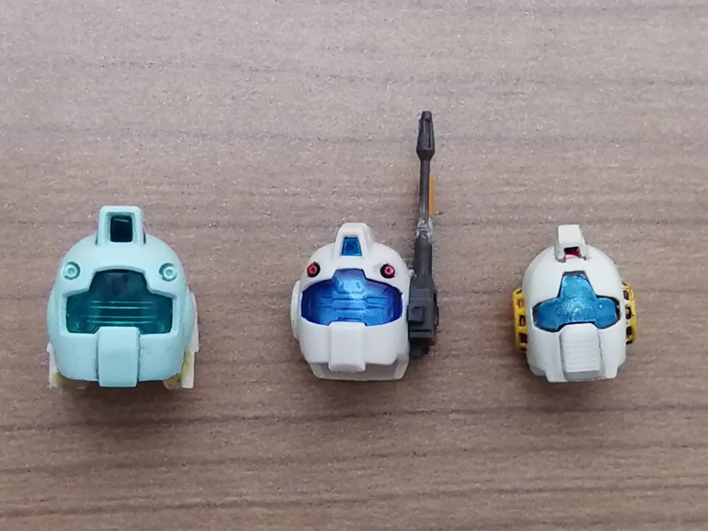 頭部パーツ比較。左からHGUC、MSD、今回作成パーツ。シュッとしすぎて、あんまり1stジムっぽくなかったかなぁ