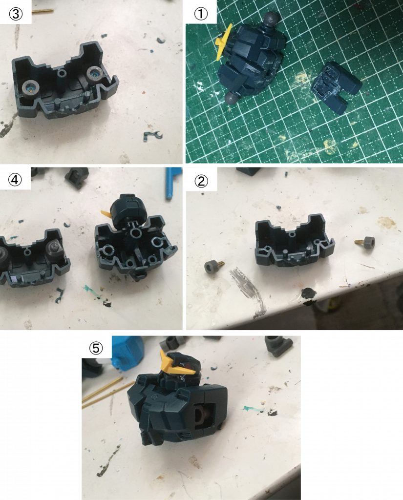 次は胴体の修復。①胴体と腹部を切断します。②腕との接続部分は完全に切り離し、ここに新たにPCパーツを挟めるよう、プラサポパーツを接着。また、プラサポがしっかりくっつくよう、中を3mmランナーを半分だけ埋めるように接着し、その後、真鍮線で補強できるように胴体と接着。③接着した状態がこの感じです。④元からあるフロント部分のパーツの穴と、②で作った接続穴でPCがはめられます。⑤完成した写真がこちらです。しかし、この時、失敗をしでかしたのは知りもしない私・・。