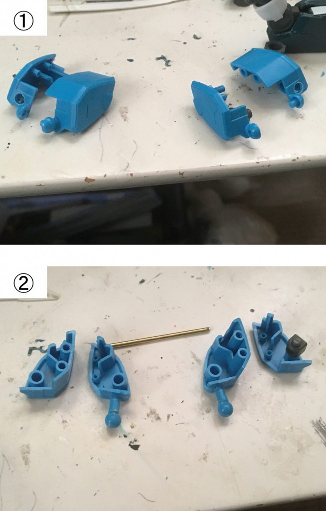 肩パーツの作成に移行しましたが、失敗してしまい、G-セルフの肩パーツで代用。しかしこのまま接続しても、先程の胴体改造時に、PCの位置が前よりになってしまっており、それを修正するために肩の接続部分を前にずらすことに。①手始めにそれぞれのパーツに3mmの穴を開け、そこにランナーを接着。②ボールジョイントの部分を①のランナーに真鍮線と共に接着し補強します。