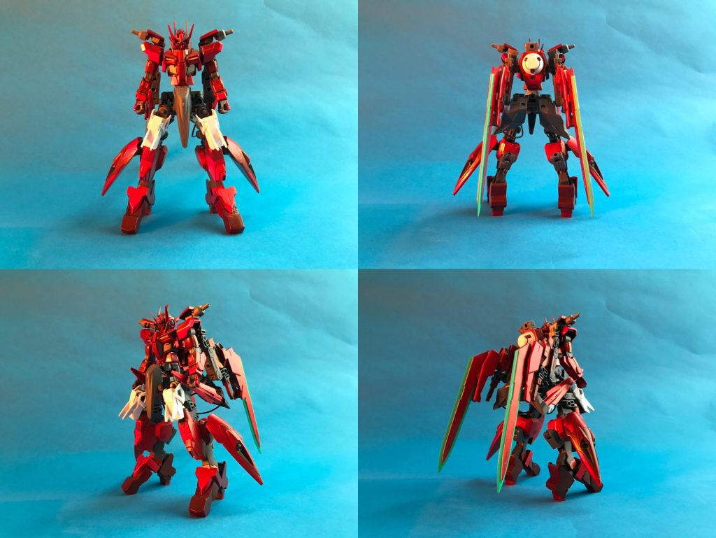 <機体説明>PGN-0000/b BLOODy  ヴルーディ (未完成機)ガンダムヴルードのプロトタイプにあたるガンダム。もともと、「人型・非人型を問わない汎用性」を追求するためのテストベッドとして運用されてきたが、装備の安定性の不足による開発の難航に加え、敵機の侵攻(後述)による被害拡大が加速したため計画は中止され、それまでに得られたデータをもとにGN-0000/bガンダムヴルードが正式採用機としてロールアウトした。そのため、ヴルードと比較して似通った部分も多い。