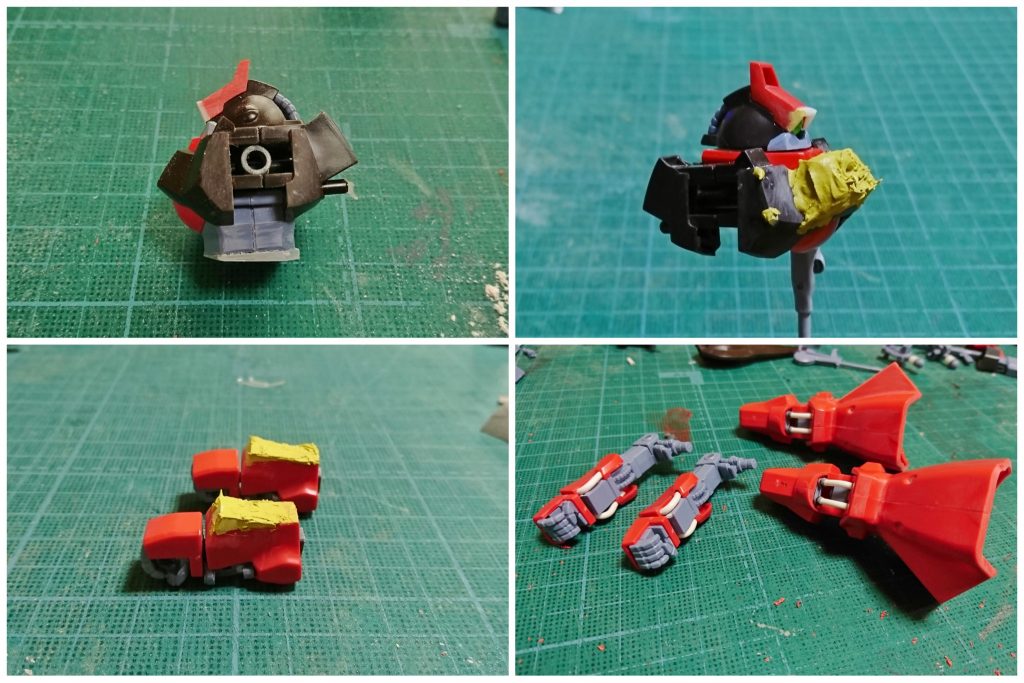 腰、ひさし部分の延長。パテでむりやり豊胸。腕部分の形状変更。各パイプの自遊自在への置き換えなど。結構無理やりな改修でした。