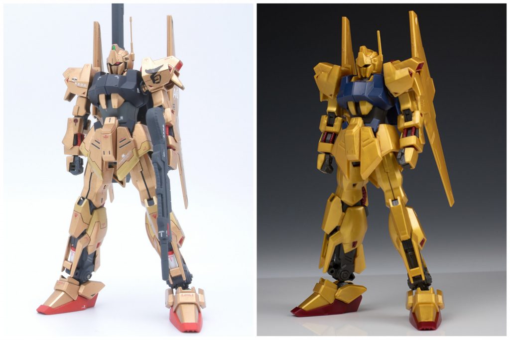 素組との比較。胴の接続部分に2mmのスペーサーを入れた以外は触っていませんが、全身にスジボリとデカールでディティール入れただけで結構見栄えが変わりました。