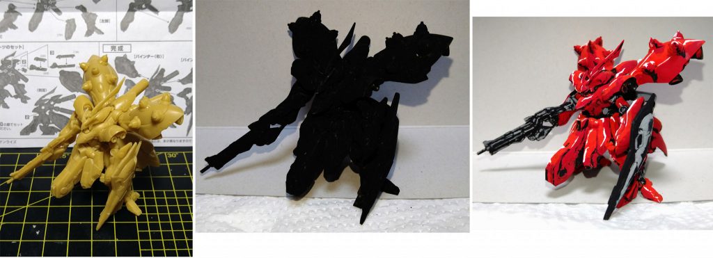筆塗り工程をほとんど撮影していなかったのですが組立て→アクリルガッシュ黒で下地塗装→次に撮影したら結構塗り進めてしまっていた…という状態です。最初に制作したアーティファクトのEx-Sガンダムは若干荒の目立つ組立てになってしまったのでコチラのナイチンゲールは自分なりにですが丁寧に下処理を行いました。時間がかかりましたが…あと、いつものクセで下地に黒を塗ってしまいましたがその色を消すために赤を厚塗りしてしまったのが反省点です。最後までご覧いただきありがとうございました。