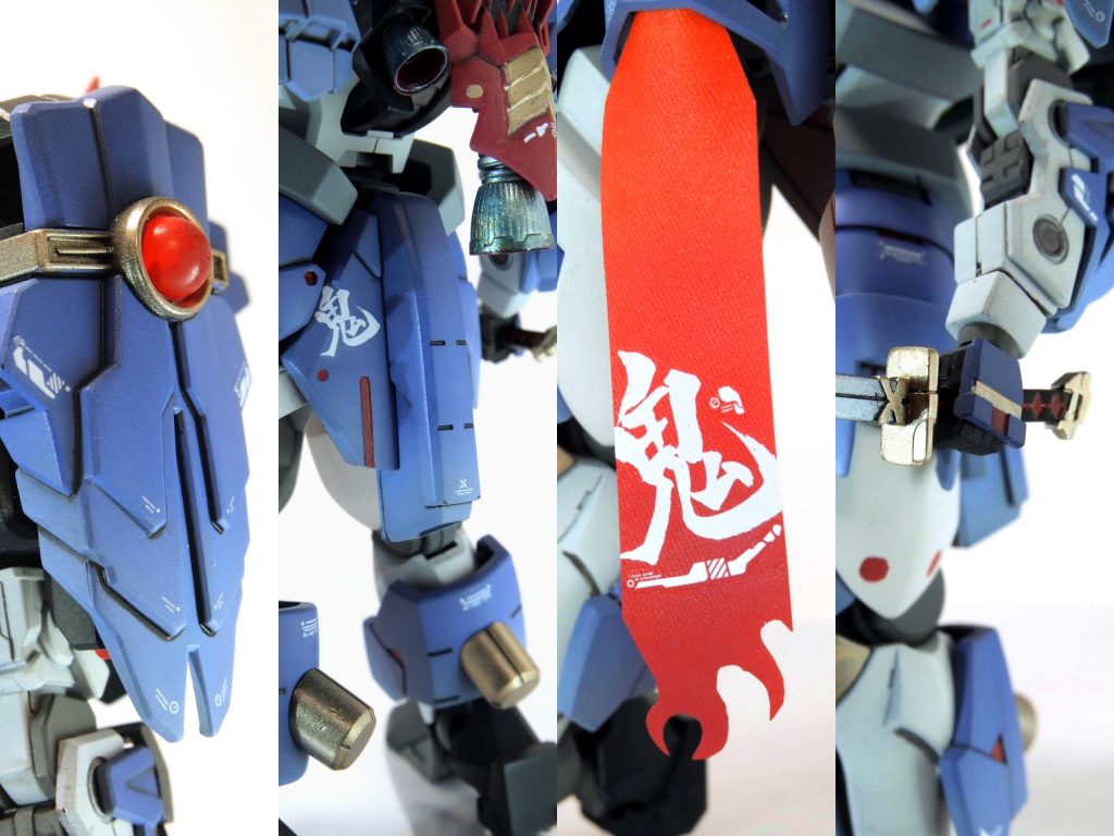ディテールなど。塗り分けやデカールにもこだわりました。肩アーマーのマスキングしんどかった…ふんどし部分に配置した配管保護テープ、塗装もデカール貼りも問題なくできる、かなり使い勝手のいい素材でした！