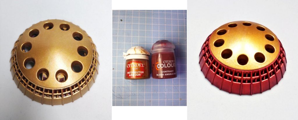 ギャンの楯はシタデルカラーの赤みの金のリトリビューターアーマーで全部塗った後に、クリアのコントラストカラー「ブラッドエンジェルレッド」コントラストはトロみのある彩度の高いクリアレッドなので狙った感じにできました。広い面だとムラになりますがギャンは細かく凸モールドで区切られてるので個々の面積が狭いのと、半光沢でそんなに目立たないと思います。