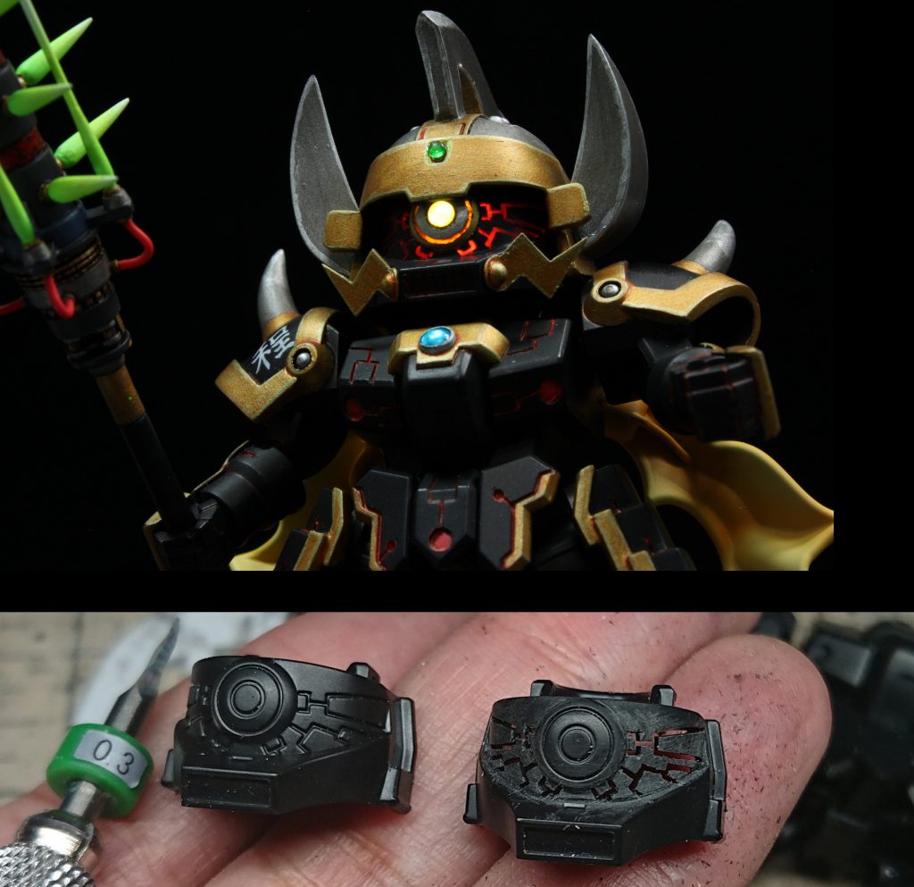 マスクの部分はLEDで発光。元々の格子状のモールドをタガネで彫り抜き、UVレジンで埋めて光が透けるようにしました。なかなか禍々しくて気に入ってます。