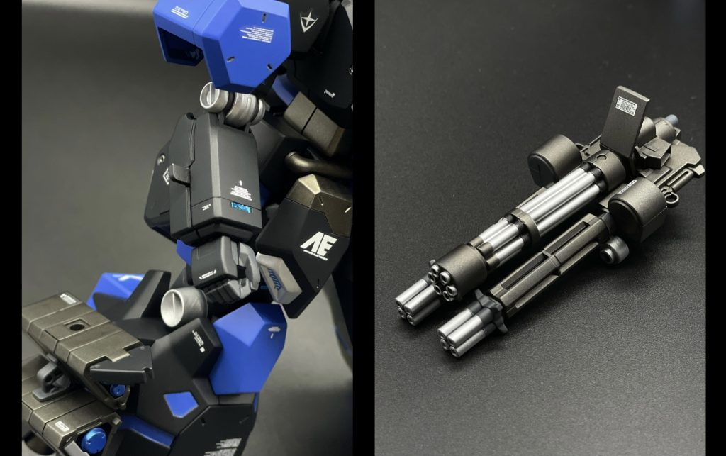 右腕のガトリングは組み合わせで砲身を3つにしてます。腕にジャンクパーツを埋め込みマウント。