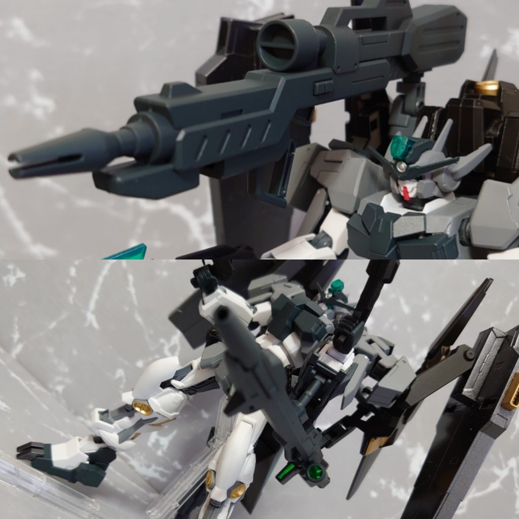 大口径GNライフル　右肩後方から展開する大型のライフル。その破壊力は凄まじく最大出力時は一個艦隊を壊滅出来るほど。GNロングライフル　長距離の目標を射抜く為の装備。左後方より展開し、左の前腕部にロックする。